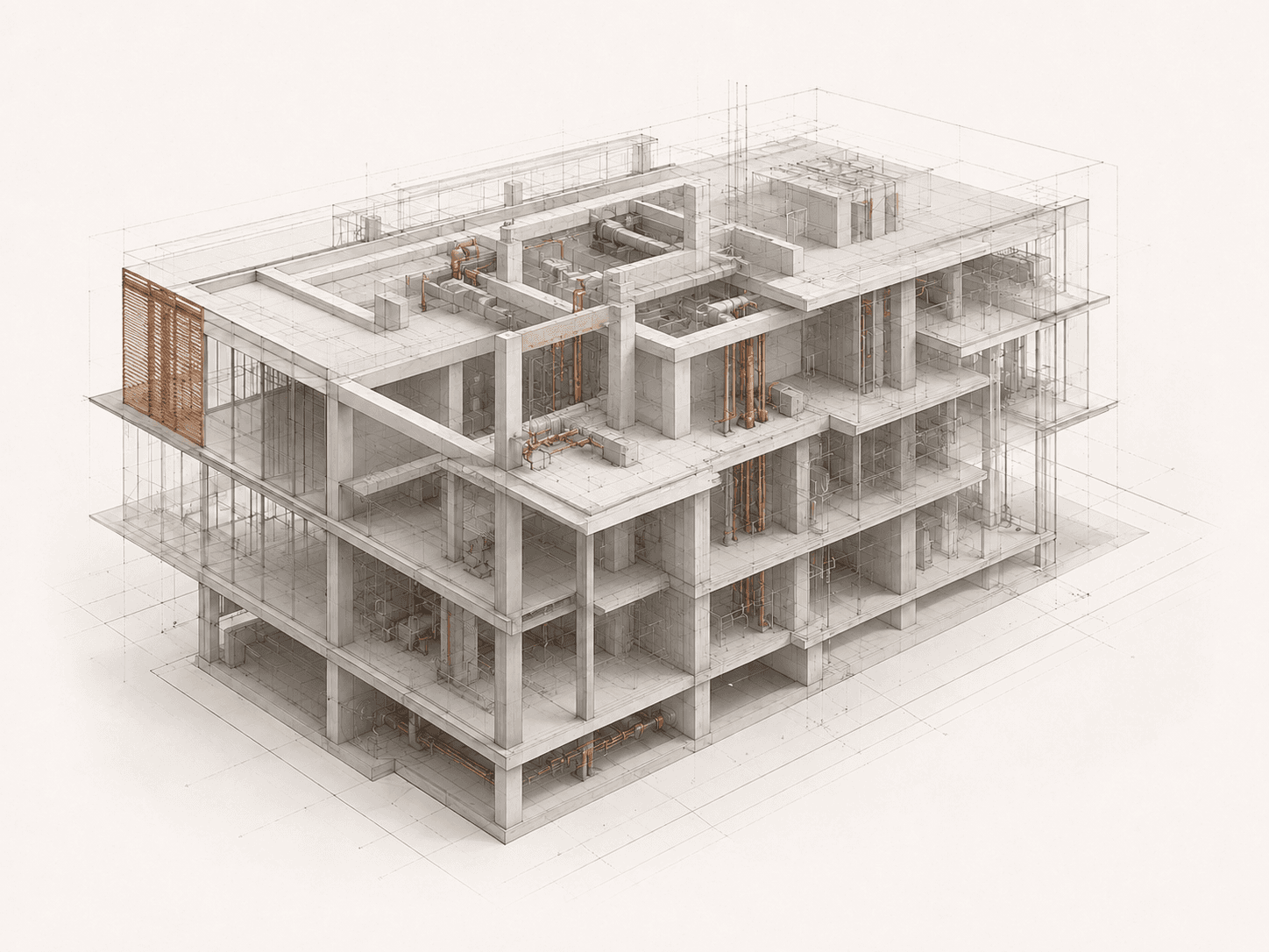 Dessin axonométrique d'un bâtiment révélant la structure et les réseaux techniques coordonnés.