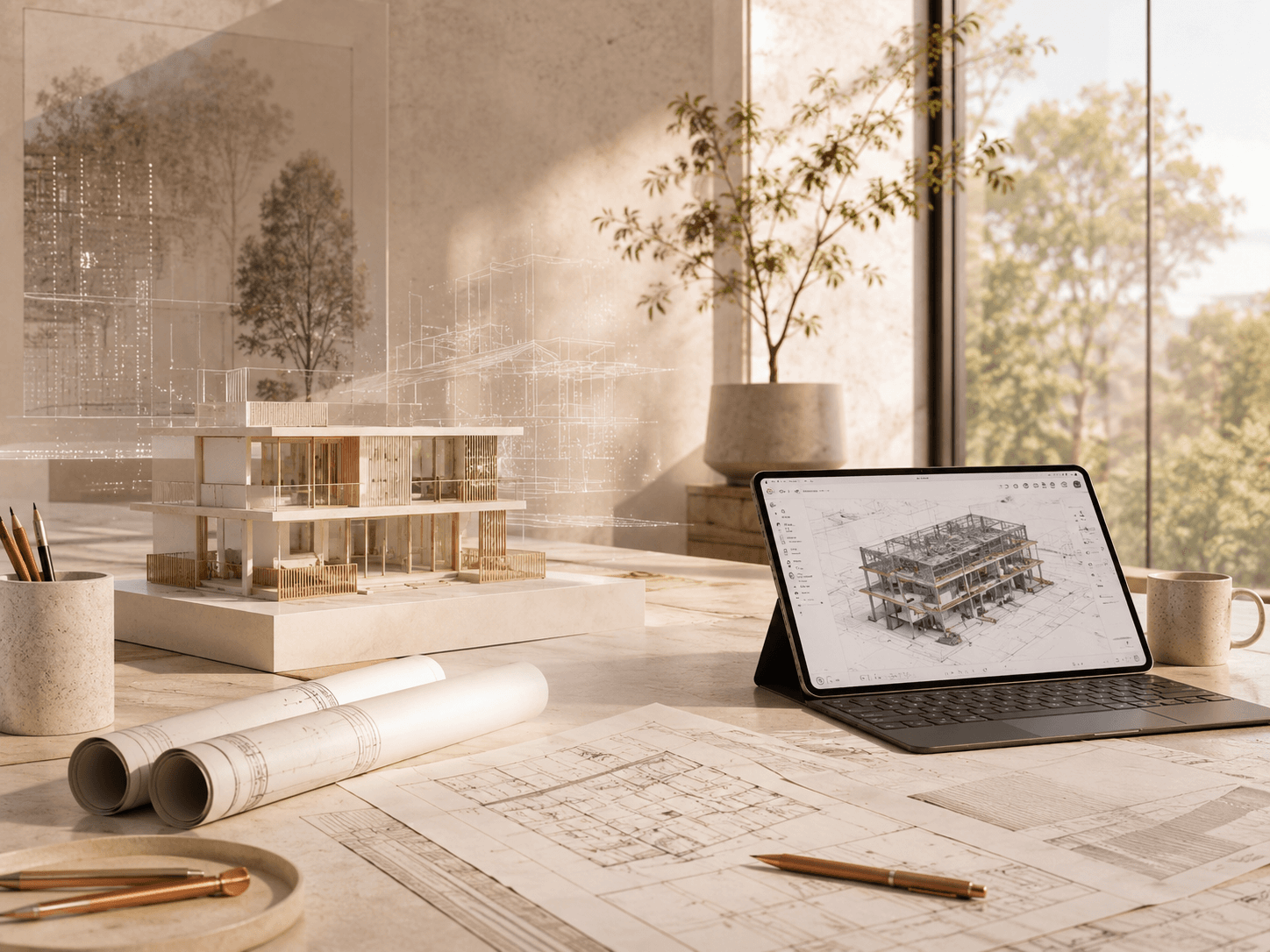 Bureau d'architecte lumineux : maquette physique, tablette affichant une maquette BIM et silhouette d'un bâtiment en nuage de points.