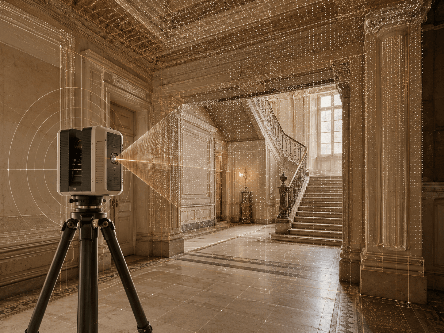 Scanner laser 3D relevant un grand escalier classique, nuage de points superposé à l'espace réel.