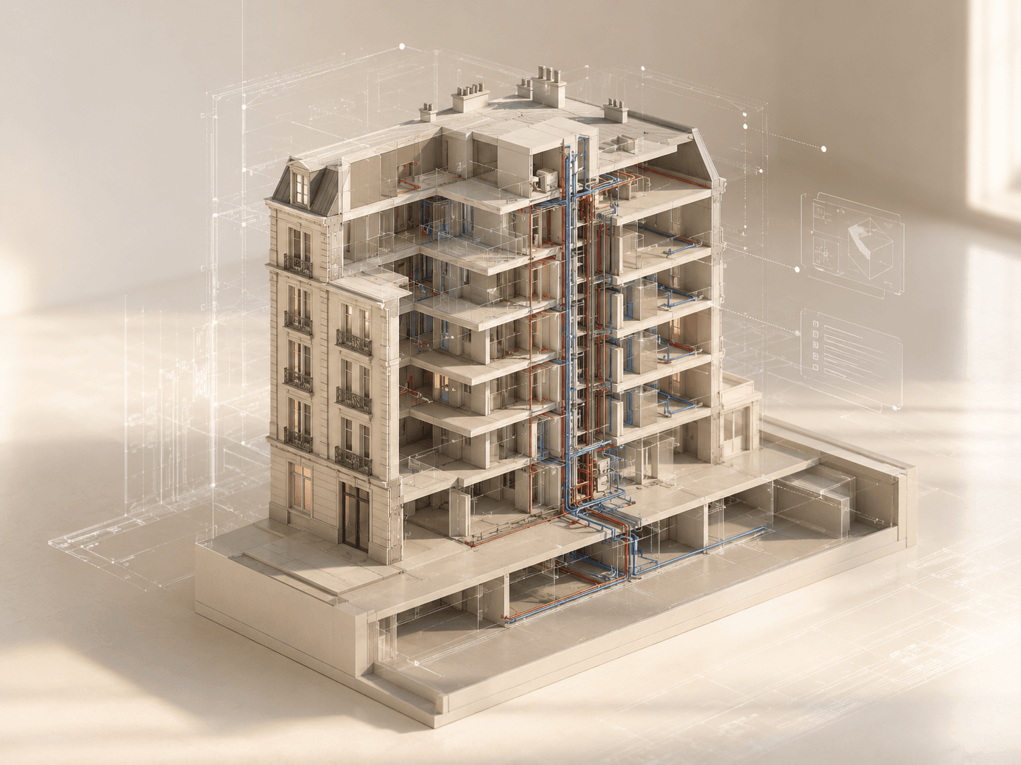 Maquette BIM en coupe d'un immeuble haussmannien montrant les réseaux fluides et la donnée technique.