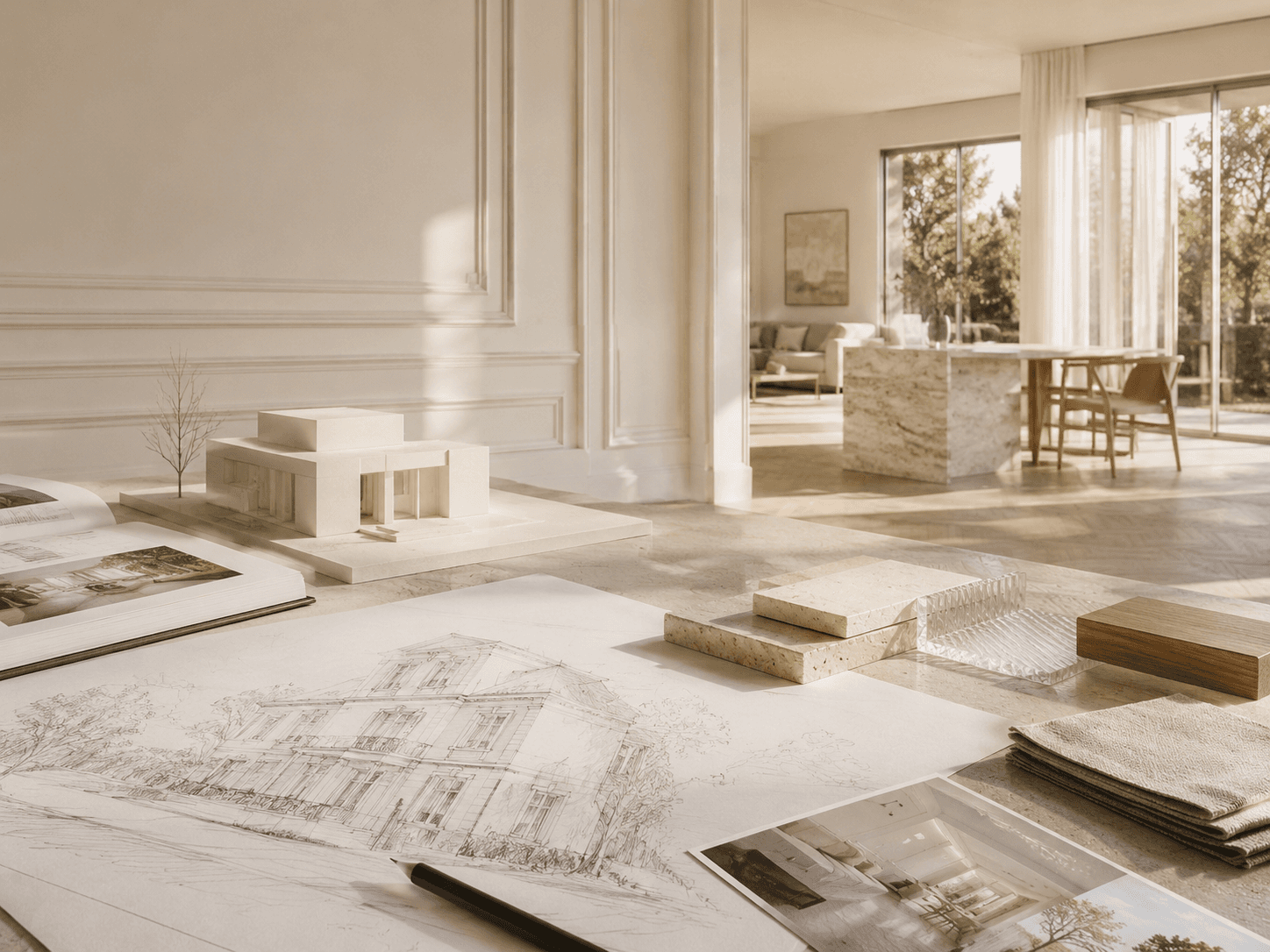 Illustration conceptuelle d'une démarche de conception architecturale : intérieur lumineux en pierre et bois, avec planches d'esquisses au premier plan.