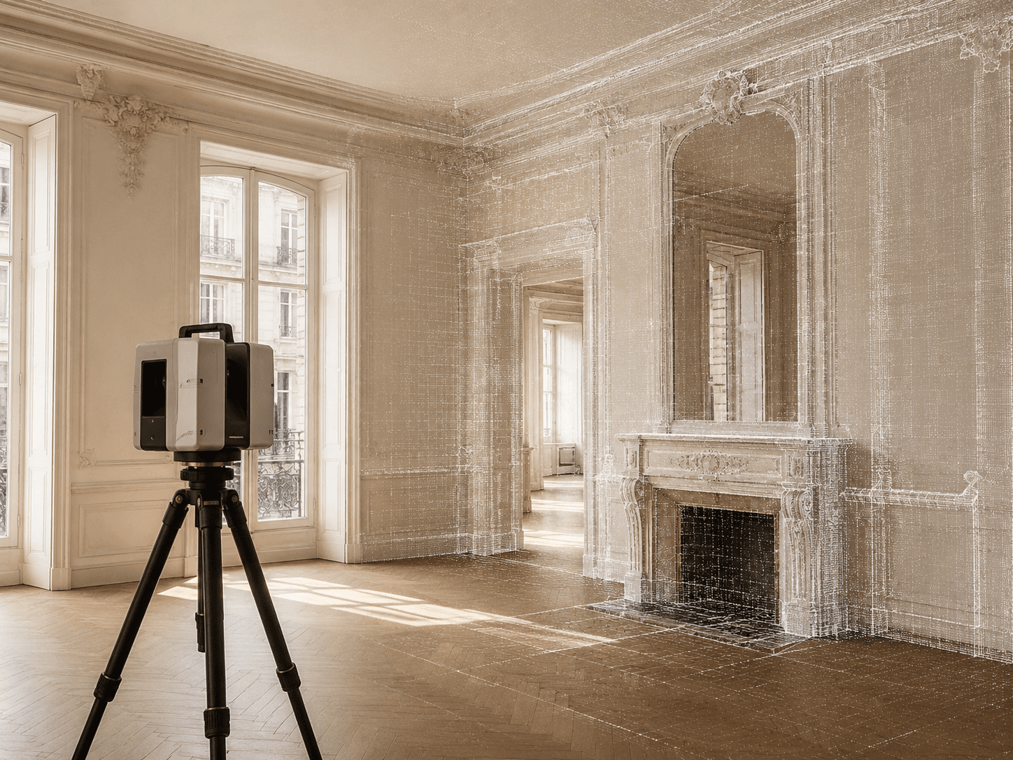 Salon classique relevé au scanner laser, nuage de points dense des boiseries, de la cheminée et du miroir.