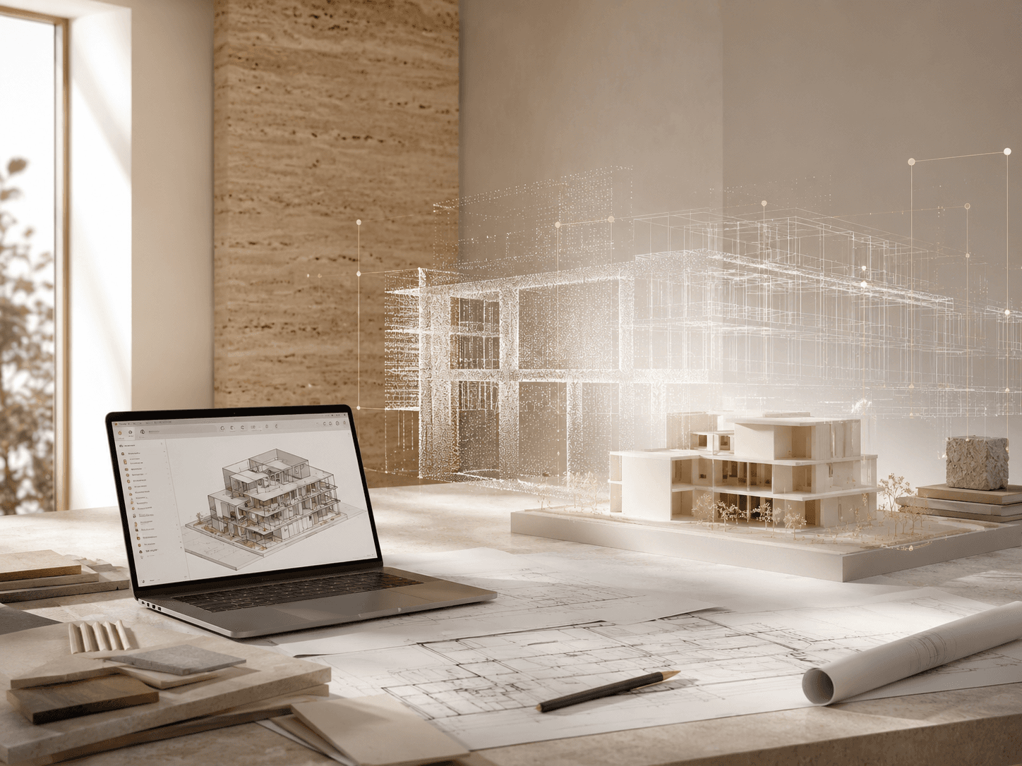 Bureau d'architecte : maquette BIM à l'écran, maquette physique et structure d'un bâtiment en nuage de points lumineux.