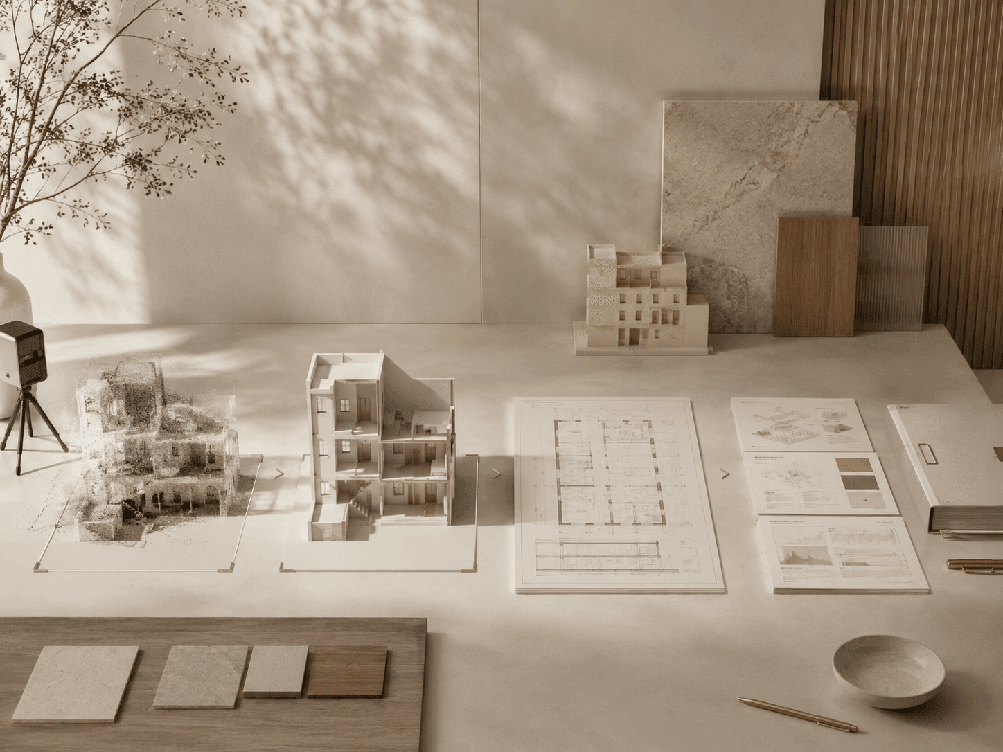 Vue d'ensemble de livrables : nuage de points, maquette en coupe, plans imprimés et dossier relié, avec échantillons de matériaux.