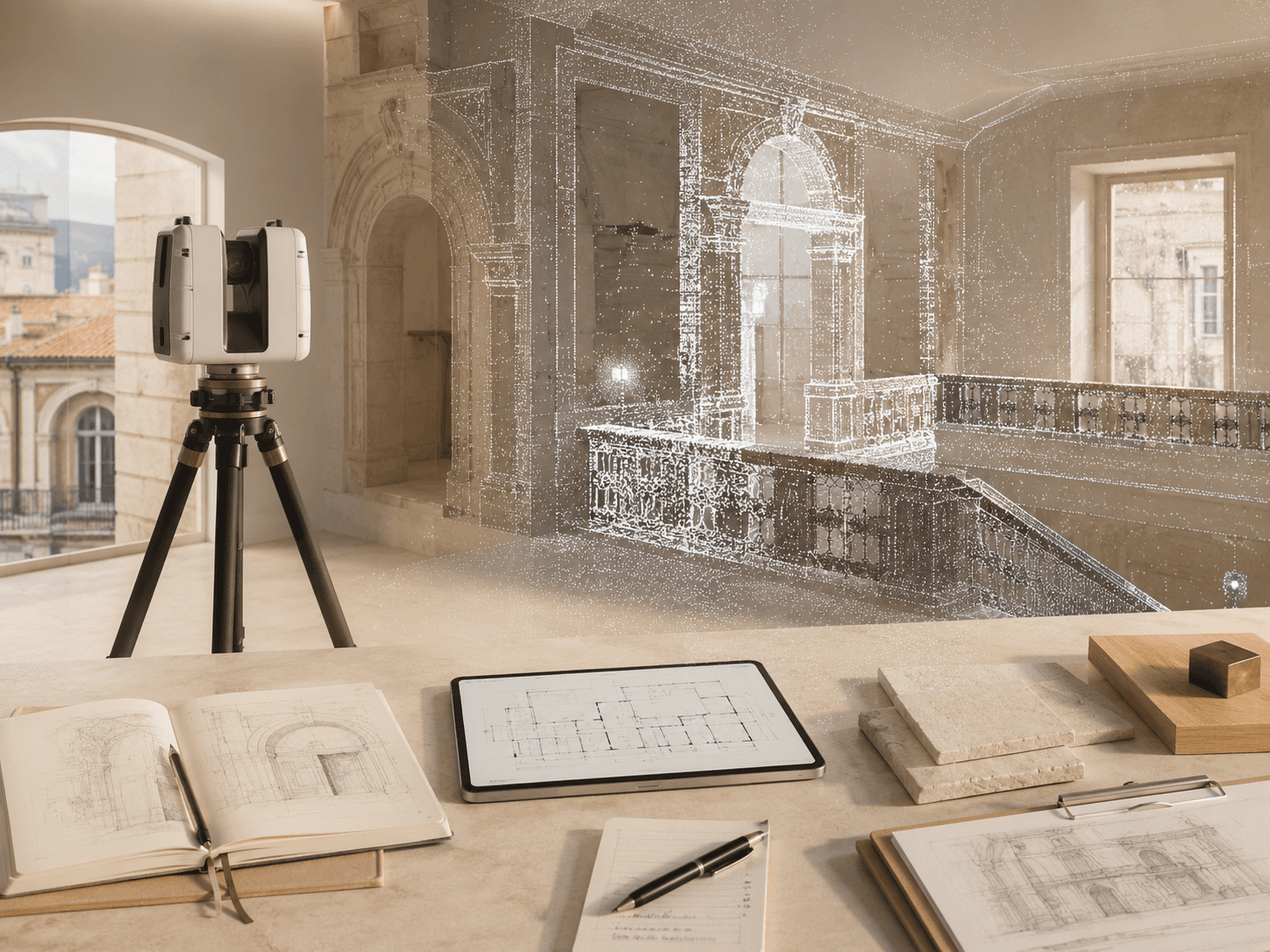 Relevé au scanner laser d'un intérieur patrimonial, nuage de points, carnet d'esquisses et plan sur tablette.
