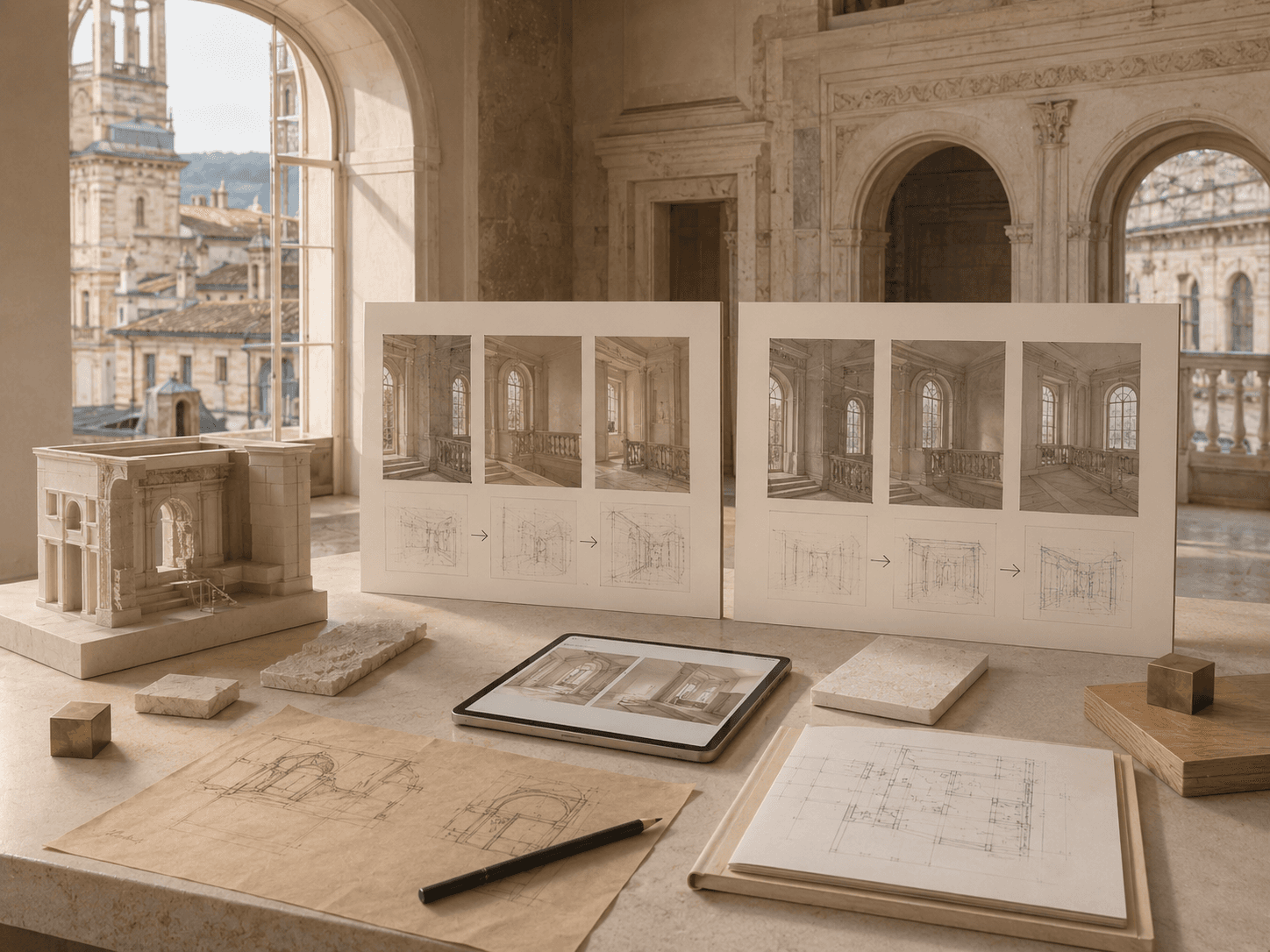Planches comparant des scénarios d'aménagement par esquisses successives, avec maquette et tablette.