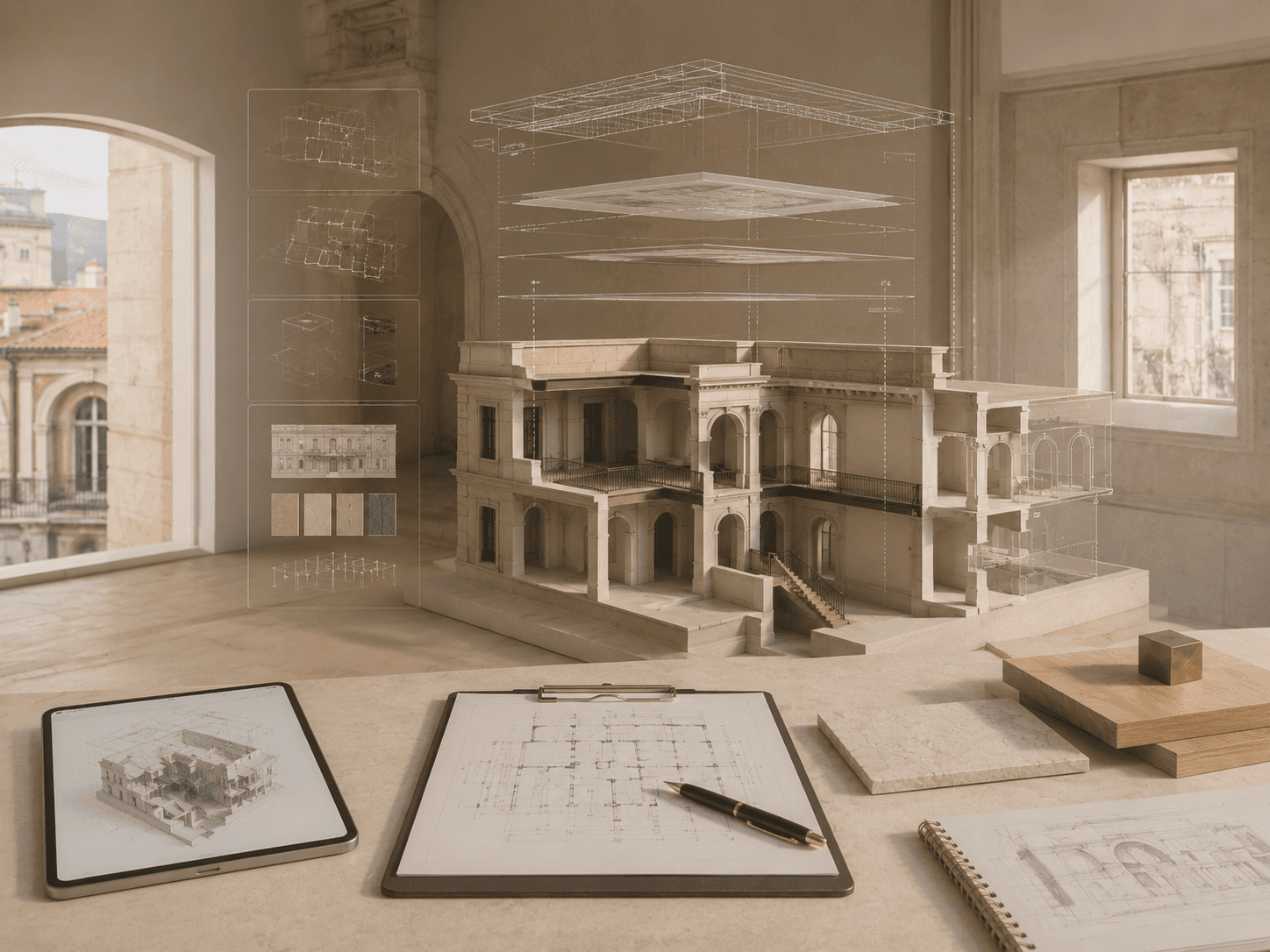 Maquette d'un bâtiment classique avec couches BIM éclatées en superposition et plan technique.