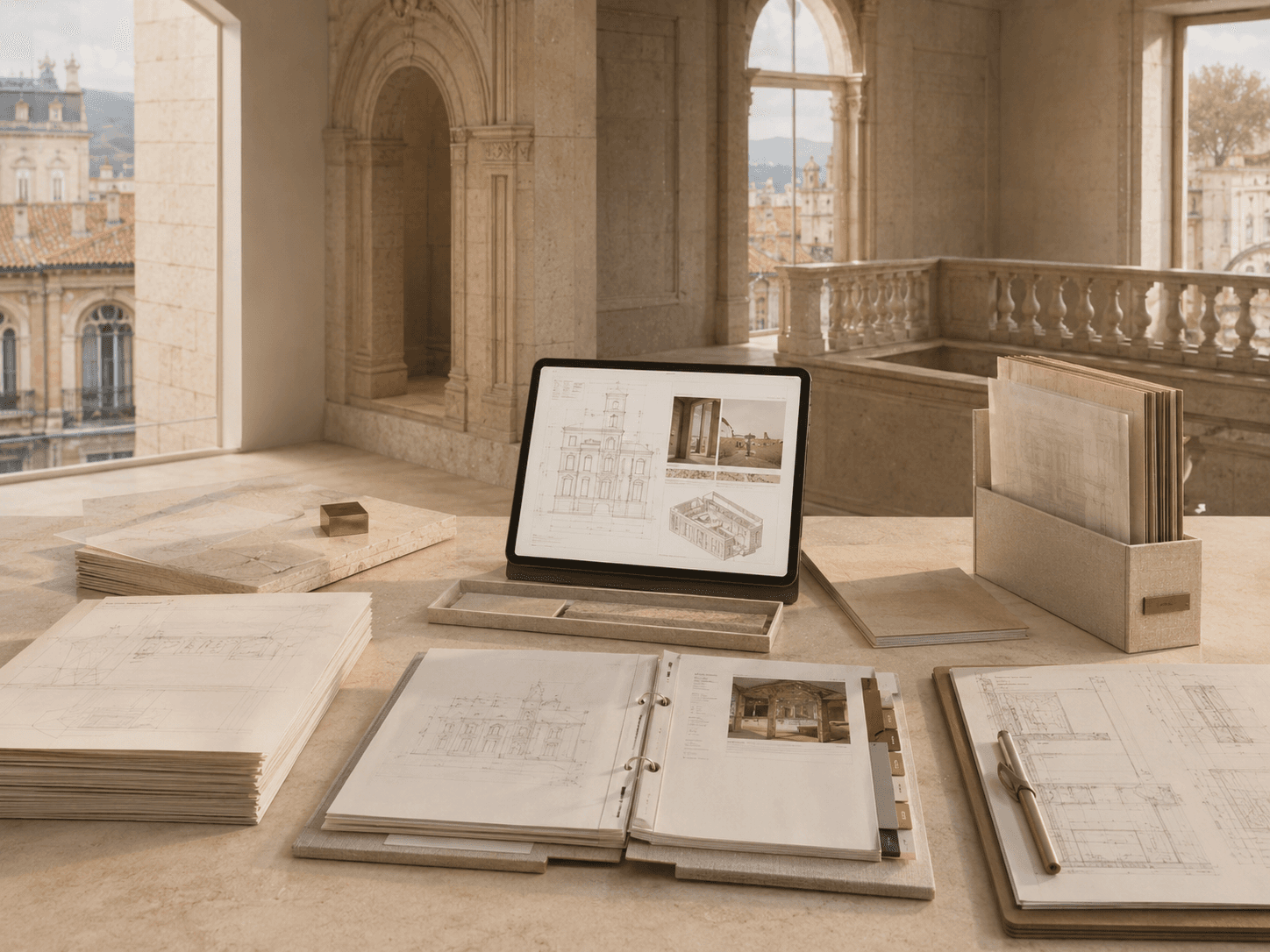 Plan de travail de transmission : classeur ouvert de plans et photos, dossiers techniques et tablette affichant un projet.