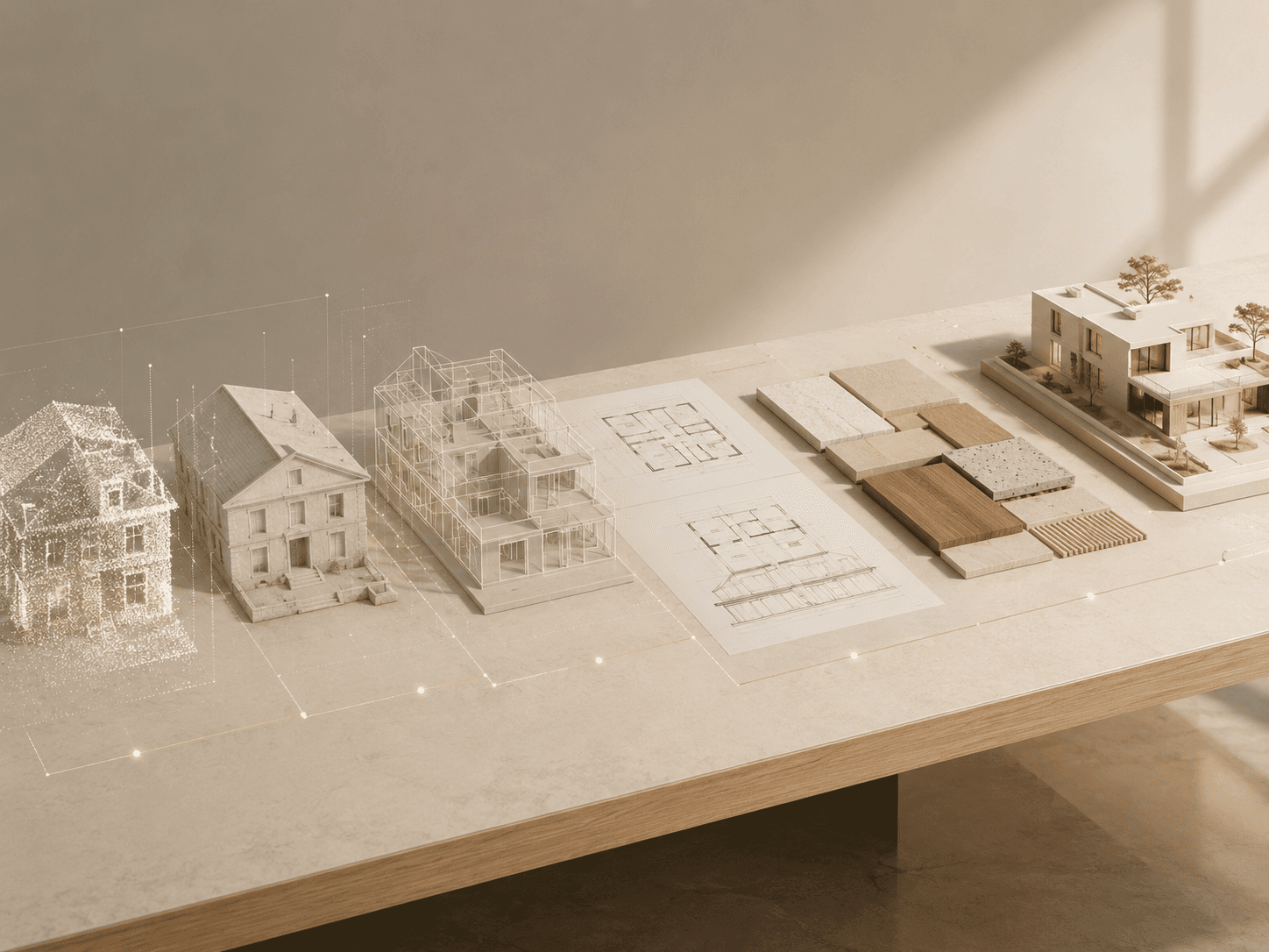 Progression du relevé à la conception : nuage de points, maquette de l'existant, maquette filaire, plans et échantillons de matériaux.