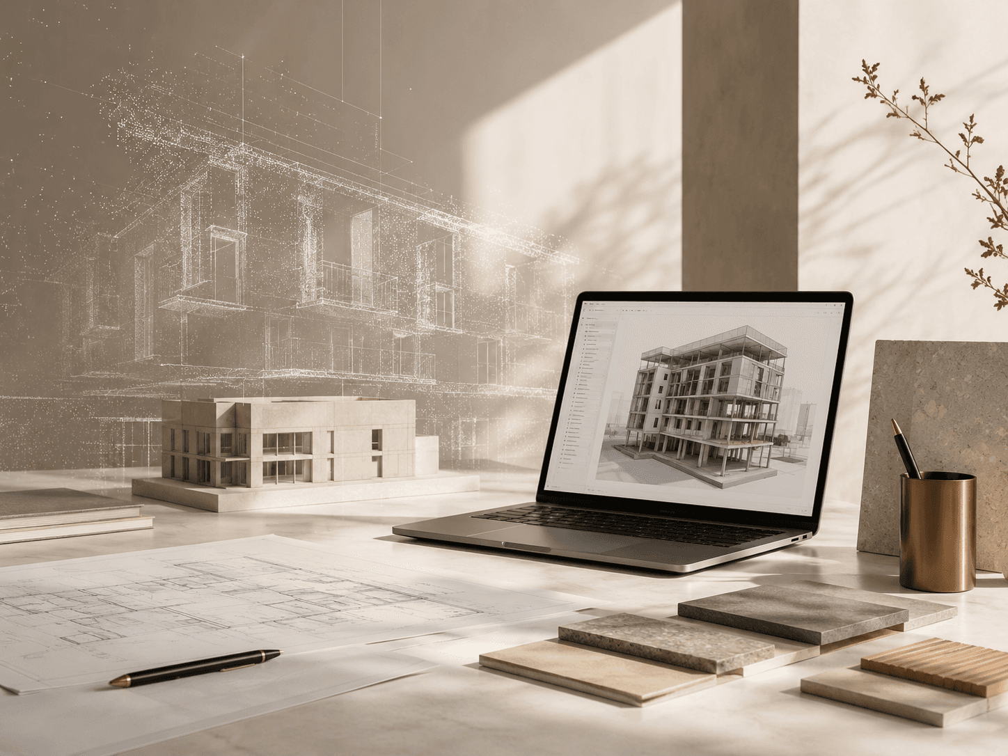 Plan de travail d'architecte dans une lumière chaude : ordinateur portable affichant une maquette BIM, maquette physique et bâtiment en nuage de points.